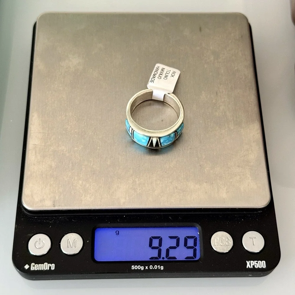 Mens Navajo Wedding Band Sz 10.5 Turquoise Opal Inlay 9mm‎ Ring Unsigned Tolino